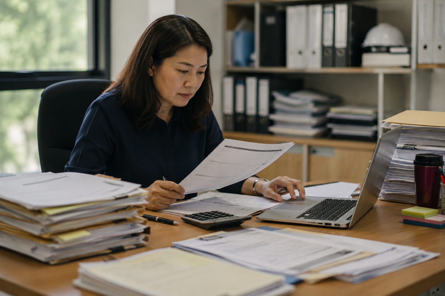Finance administrator reviewing supplier invoice and purchase order records