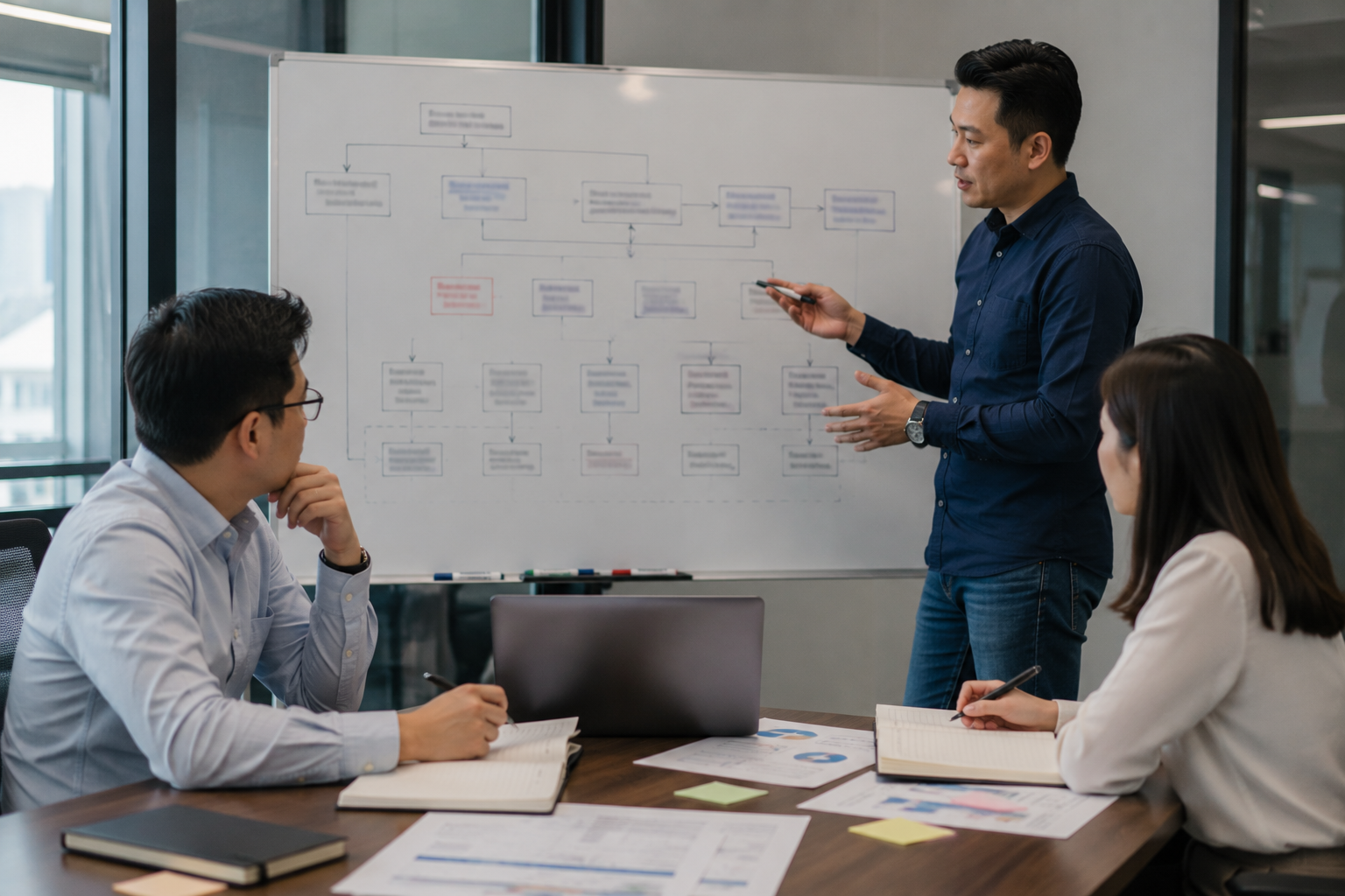 Project manager leading software implementation discussion with whiteboard